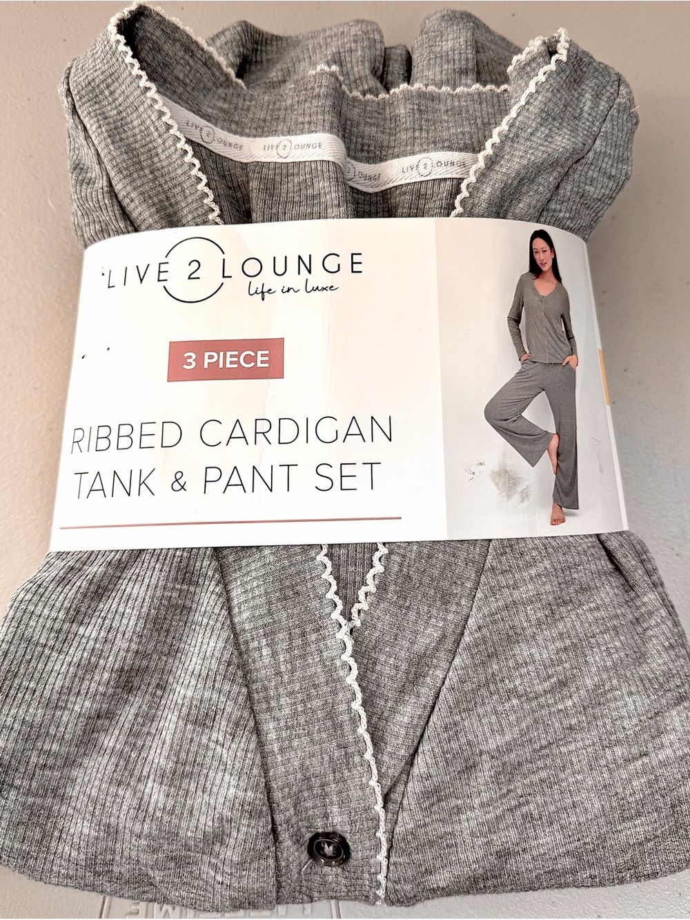 Live 2 Lounge Women's 3-Piece Ribbed Cardigan Tank & Pant Set - Light Gray